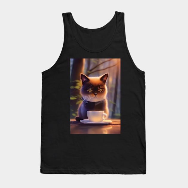 Cute Persian Exotic Shorthair Cat with a mug cup of morning coffee Tank Top by akwl.design